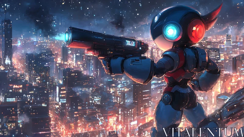 Cyberpunk mech sentry overlooking neon-dense night megacity.
