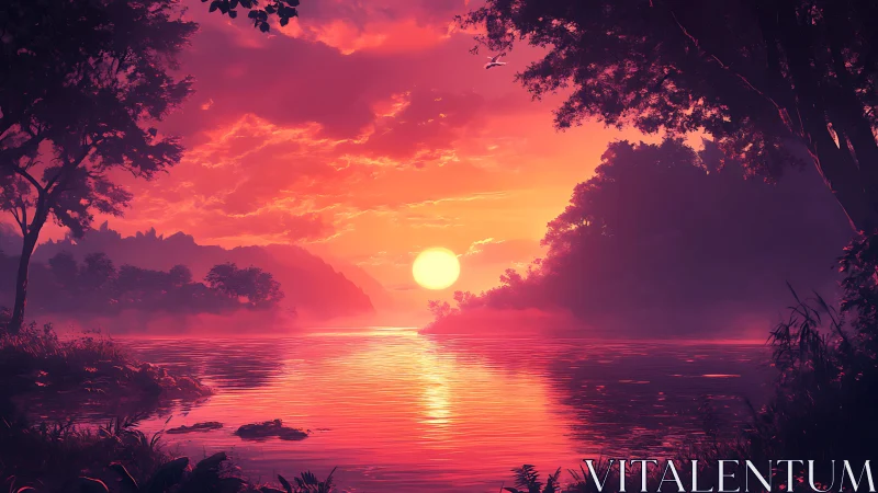 Sunset river burning in neon twilight hush and misted glow.