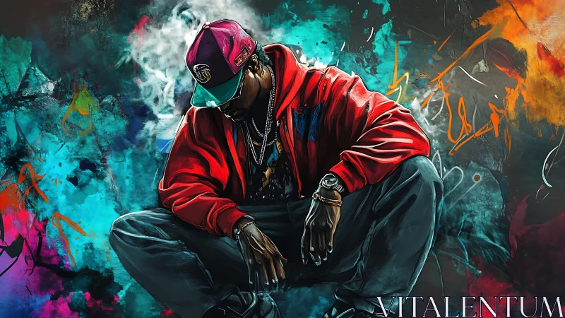 Seated figure in red hoodie amid abstract urban graffiti.