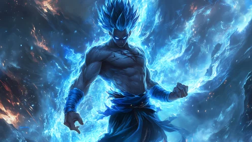 Blue-flame warrior ignites a storm of cosmic battle energy.