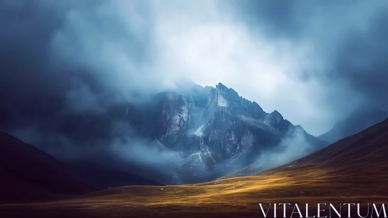 Stormlit mountain cathedral above a lone golden valley.