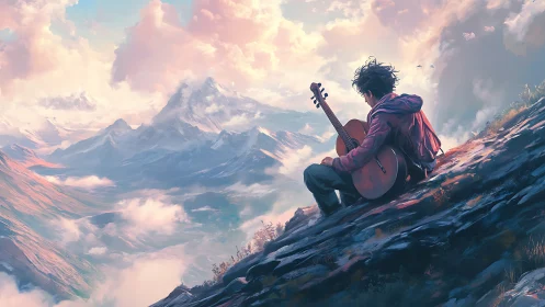 Guitar daydreamer resting above soft, pastel mountain skies.