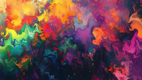 Multicolored abstract fluid swirls in dense layered field.