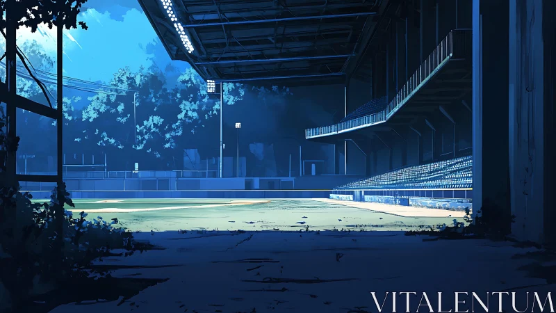 Empty night stadium under cool blue floodlights.