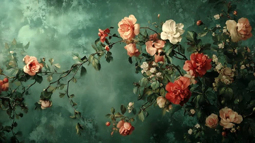 Floral Still Life with Roses and Botanical Elements.