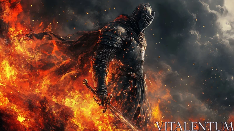 Armored knight strides through roaring inferno with resolve.