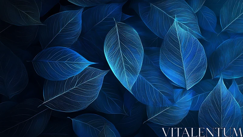 Glowing blue leaves drifting softly in a midnight garden.