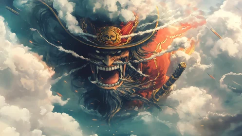 Pirate captain visage emerging from fragmented storm clouds.
