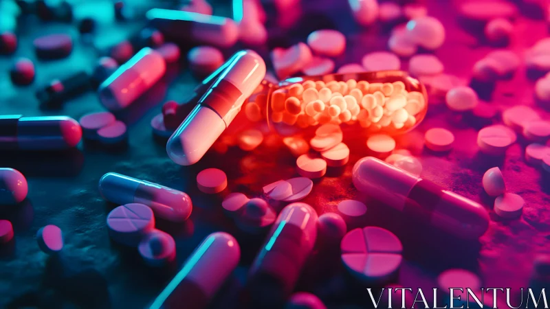 Assorted Capsules and Tablets in Neon Lighting, Modern Style.