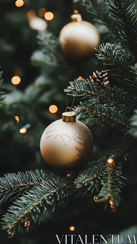 Golden bauble dreams nestled in deep evergreen hush.