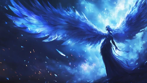 Radiant blue angel spreads luminous wings across the sky.