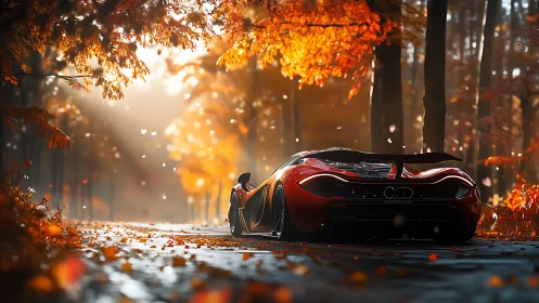 Hypercar rear profile under volumetric autumn forest lighting.