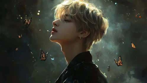 Digital painting portrait with luminous butterflies and bokeh haze.