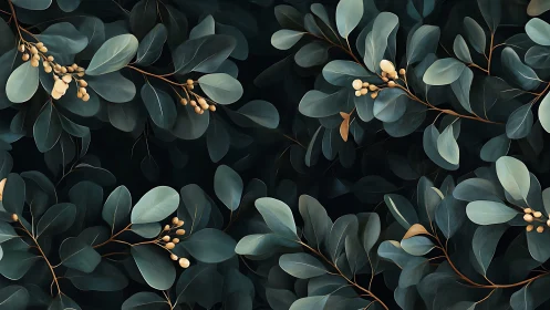 Eucalyptus foliage pattern with berries on dark background.
