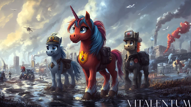 Militarized cartoon ponies in post-industrial war-torn cityscape