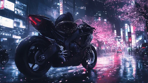Cyberpunk superbike under neon rain with sakura reflections.