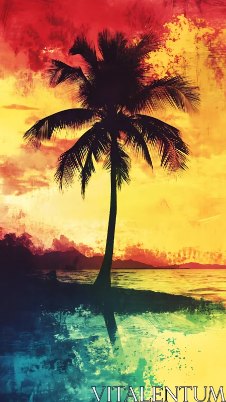 Silhouetted palm tree against textured sunset sky.