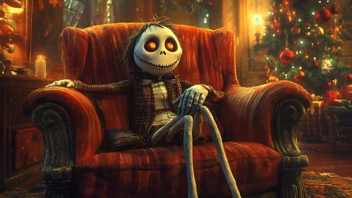 Skeletal character on red armchair in warm holiday room.