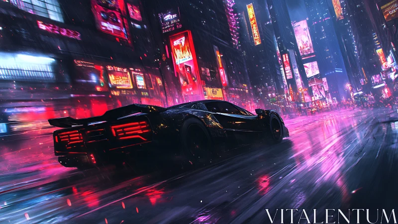 Futuristic sports car on wet neon city street at night.