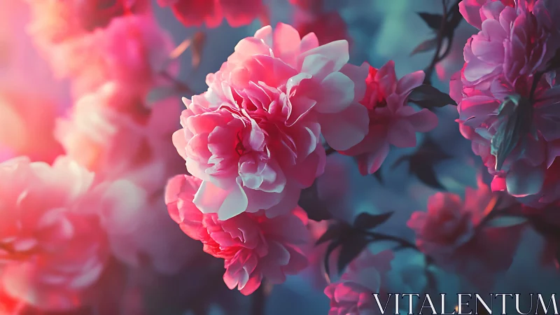 Luminous Peonies Bloom in Atmospheric Pink and Teal Light