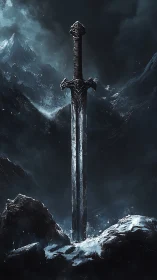 Stormbound relic blade piercing a frozen mountain hush.