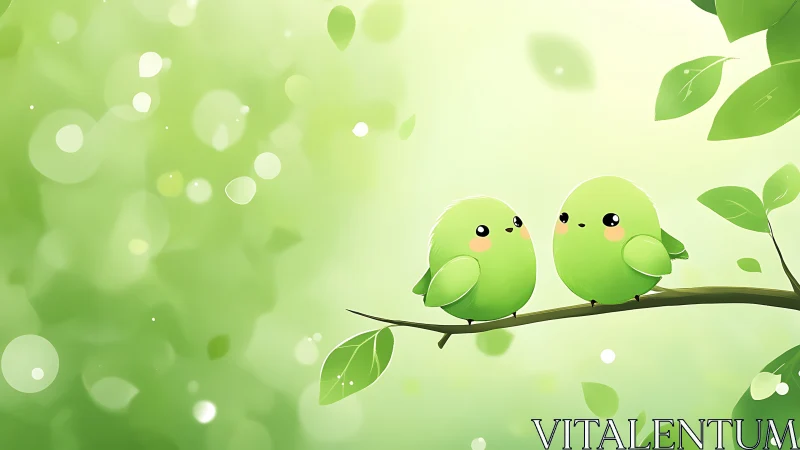 Two Cute Green Birds on a Branch in Soft Pastel Cartoon Style.