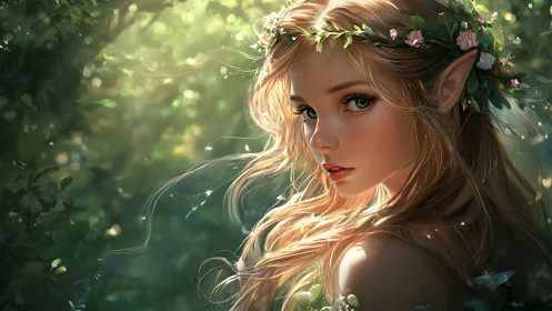 Elf girl portrait in glowing forest with floral crown.