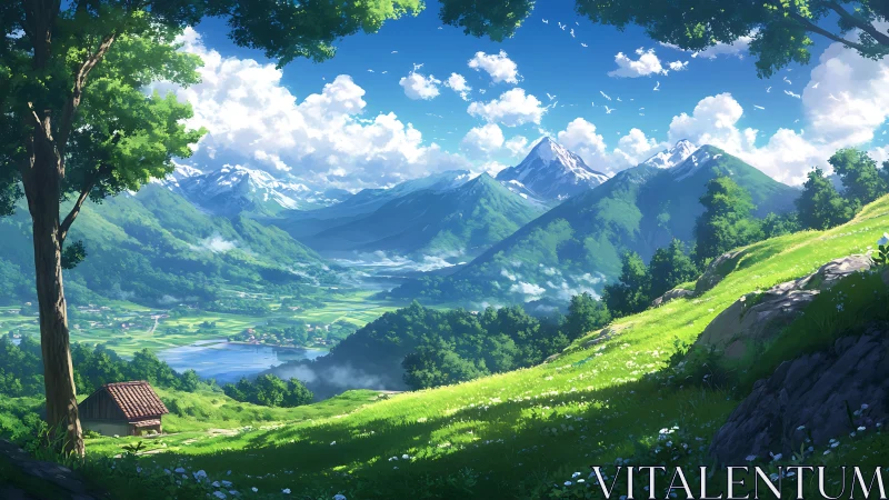 Lush alpine valley with distant snow peaks under summer sky.