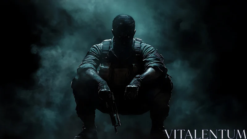 Shadow crouched soldier in teal war fog, ready to strike.
