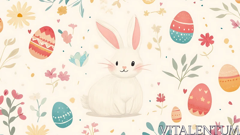 Cute Easter bunny with painted eggs and floral pattern.