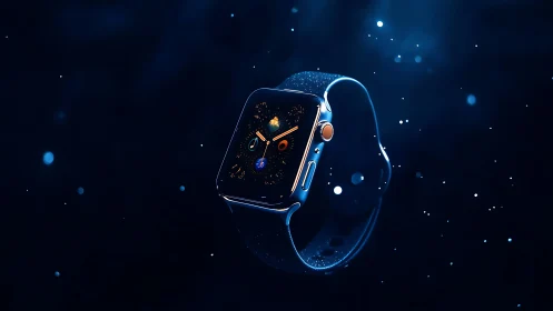 Smartwatch with glowing cosmic dial floats in deep blue space