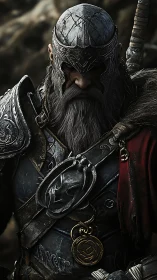 Battle hardened warrior in ornate dark armor portrait.