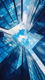 Glass curtain wall skyscrapers converging toward open sky