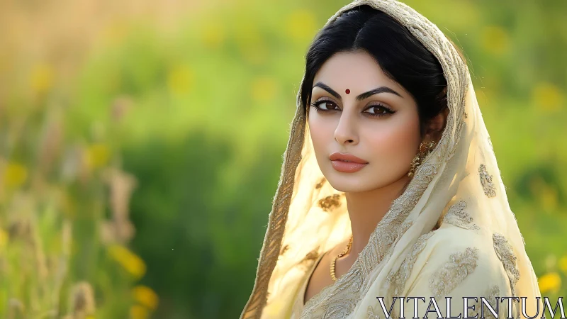 Digital portrait depicts woman in embroidered veil outdoors