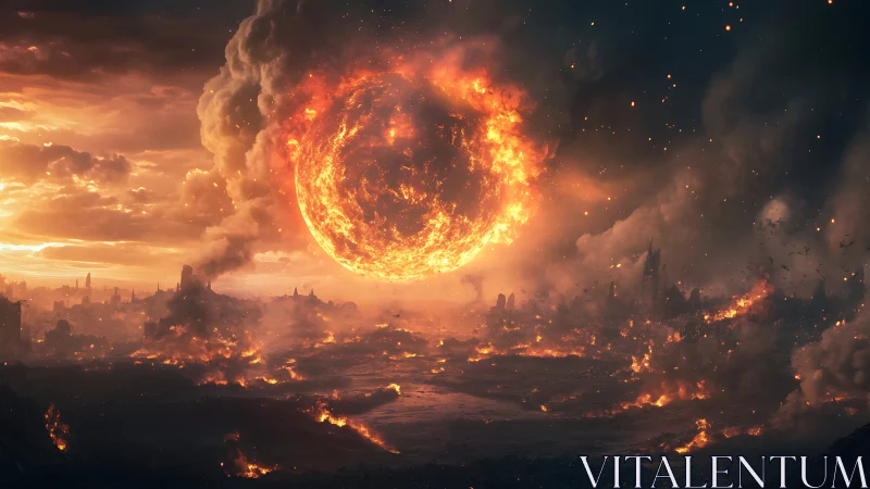 Massive Solar Celestial Body Positioned Above Burning Urban Landscape