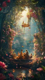 Family on forest raft under glowing floral canopy at dusk.