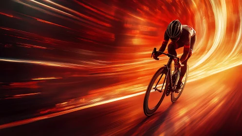 Cyclist bending light in a molten tunnel of racing fire.