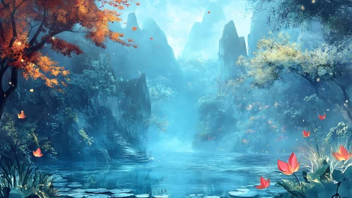 Misty blue lake in a lush fantasy mountain forest.