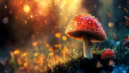 Glowing red mushrooms bask in soft golden forest twilight