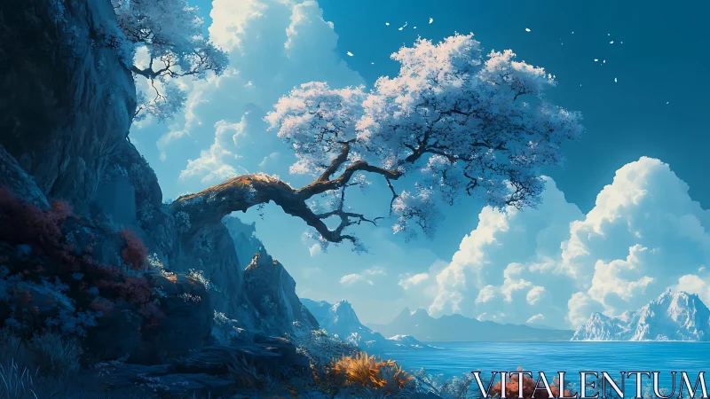 Sky-bent blossom clings to cliffs above a dream-bright sea