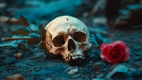 Human skull and red rose on soil under cool blue lighting.
