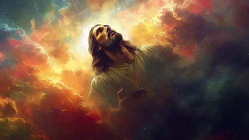 Religious figure rendered in glowing multicolored clouds.