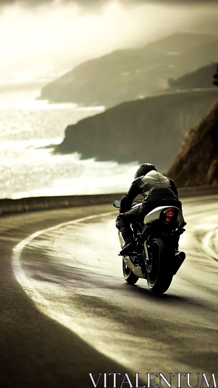 Motorcyclist rides along wet coastal highway at sunset