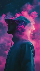 Silhouetted hooded figure in neon magenta nebula haze.