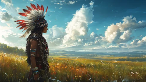 Indigenous figure in feathered headdress surveys open meadow