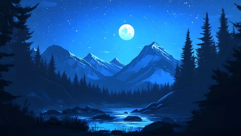 Moonlit alpine lake reflects snowy peaks under starry sky