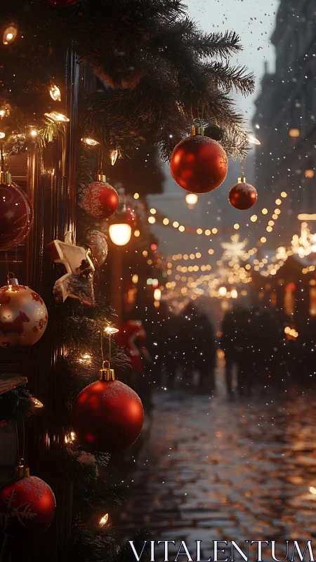 Red baubles along a glowing winter street at dusk.