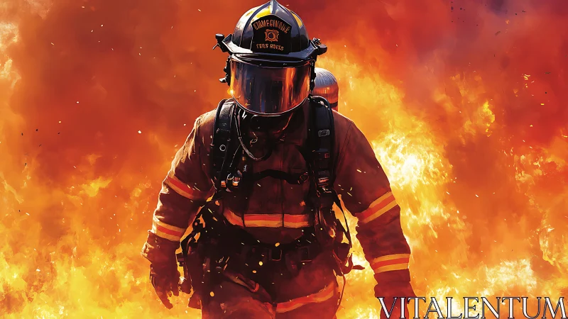 Firefighter in Inferno: Heroic Silhouette Against Blazing Flames.