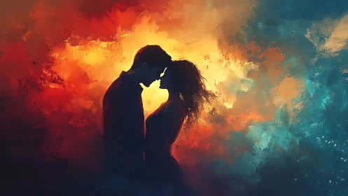 Two Souls Kissing in Fiery Golden Light and Ocean Waves.