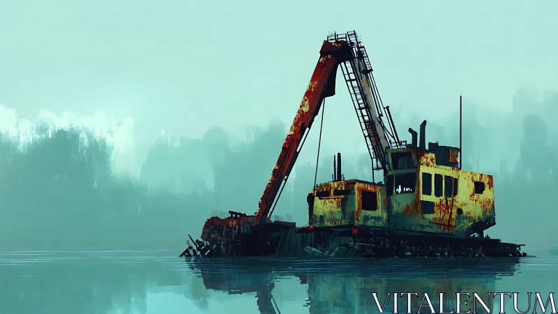 Rusting dredger crane in misty cyan lakeside environment.